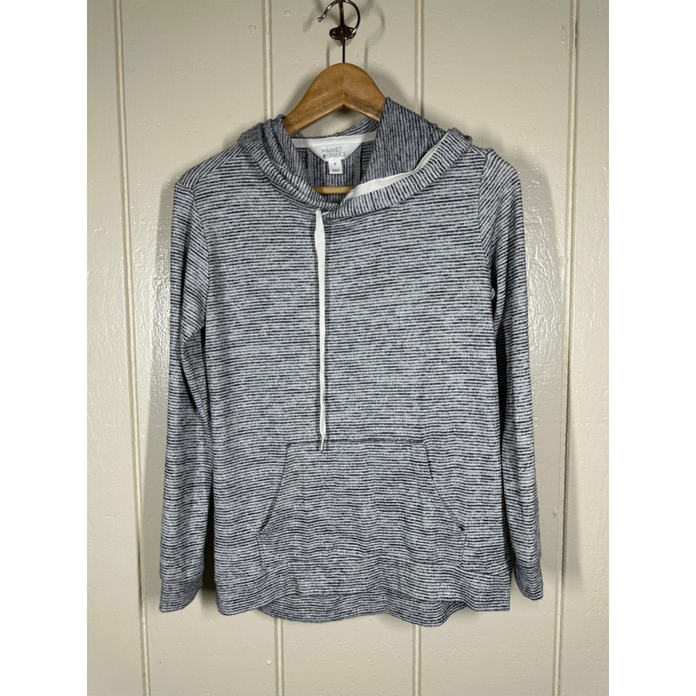 Market & Spruce Hoodie Women XS Blue Striped Cowl Neck Kangaroo Pocket Pullover